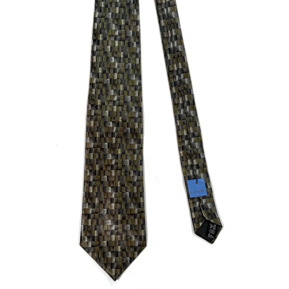 NWT Lanvin Paris Silk Tie Geometric Checkerboard Olive Green Grey Made in France